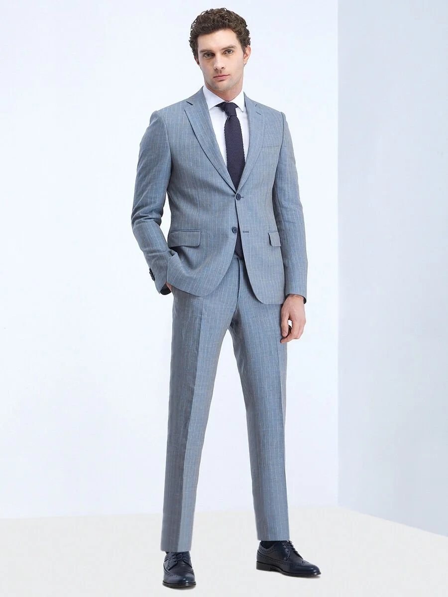 Mavi Çizgili Modern Fit %100 Keten Takım Elbise - 2