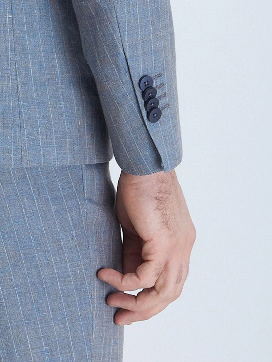 Mavi Çizgili Modern Fit %100 Keten Takım Elbise - 4