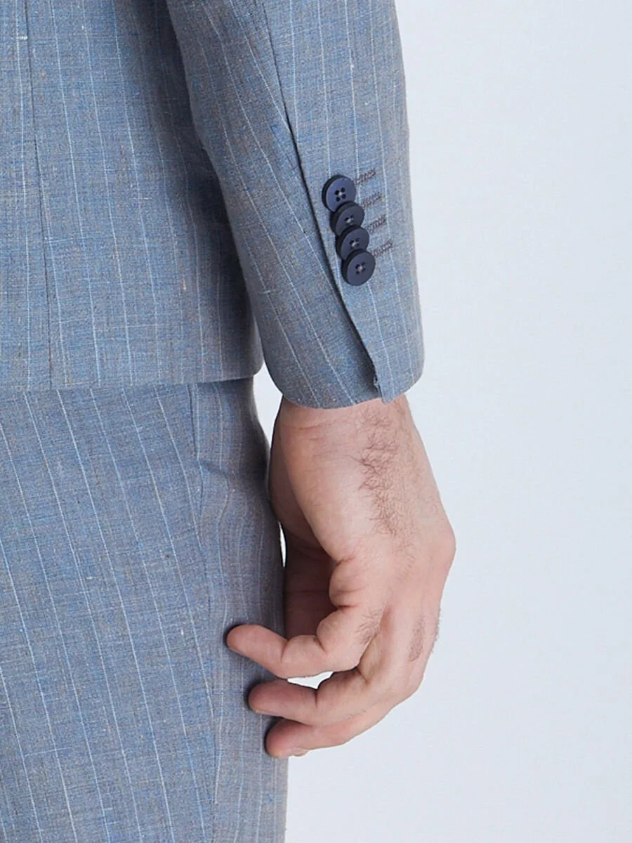 Mavi Çizgili Modern Fit %100 Keten Takım Elbise - 4