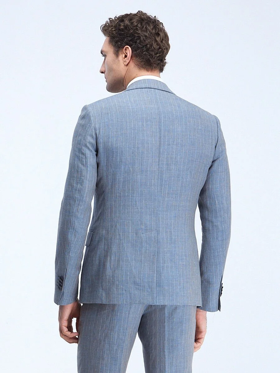 Mavi Çizgili Modern Fit %100 Keten Takım Elbise - 5