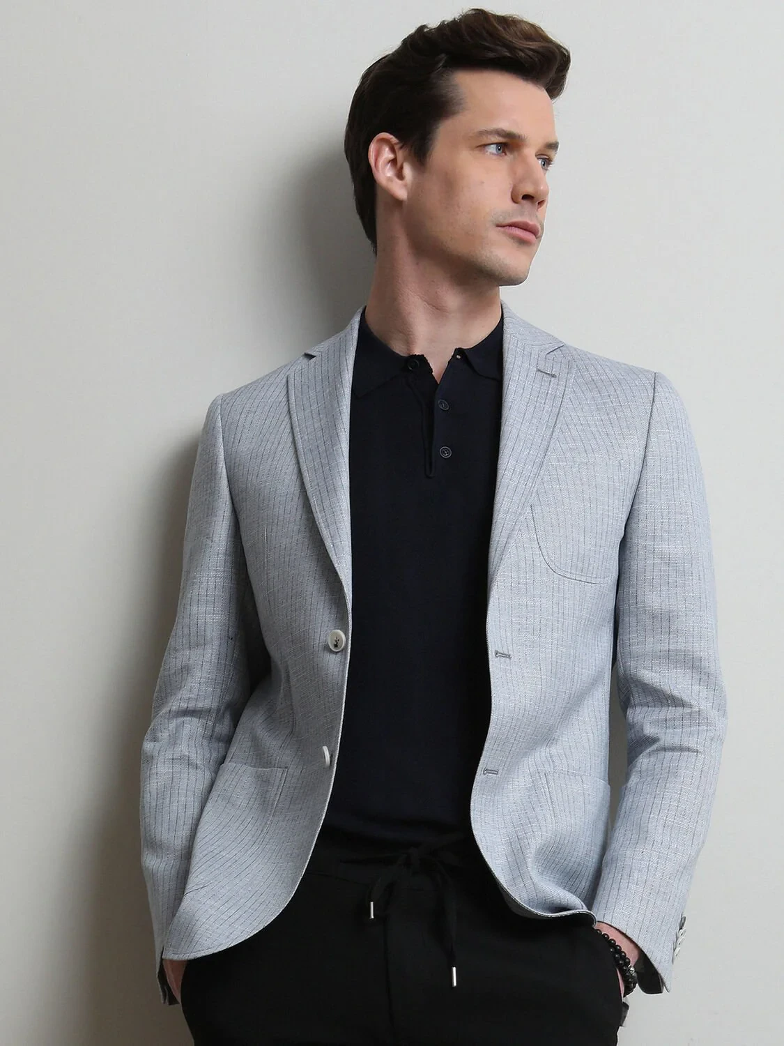 Mavi Çizgili Modern Fit Keten Karışımlı Ceket - 1
