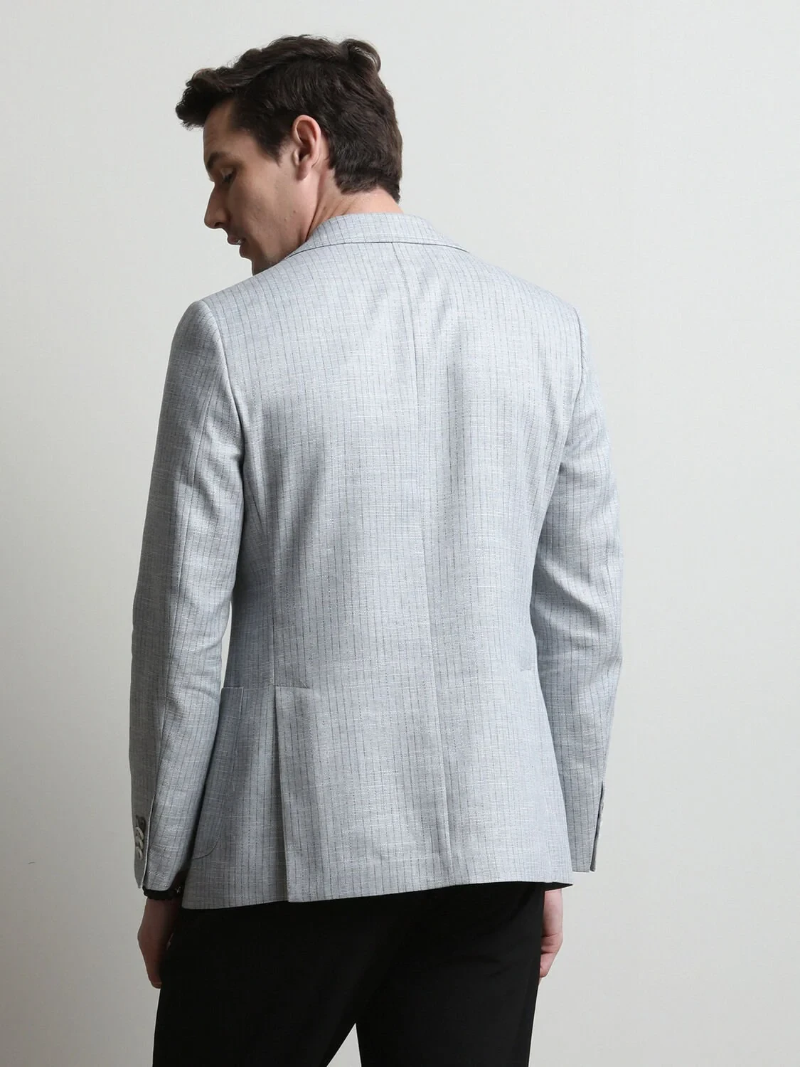 Mavi Çizgili Modern Fit Keten Karışımlı Ceket - 5