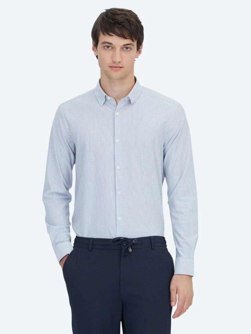 Mavi Çizgili Regular Fit Casual Pamuk Karışımlı Gömlek - 1