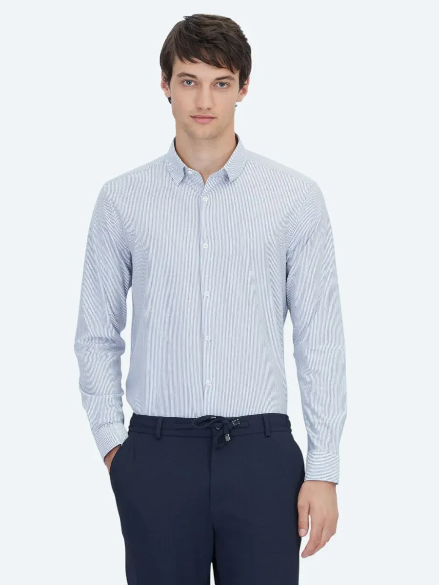 Mavi Çizgili Regular Fit Casual Pamuk Karışımlı Gömlek - 1