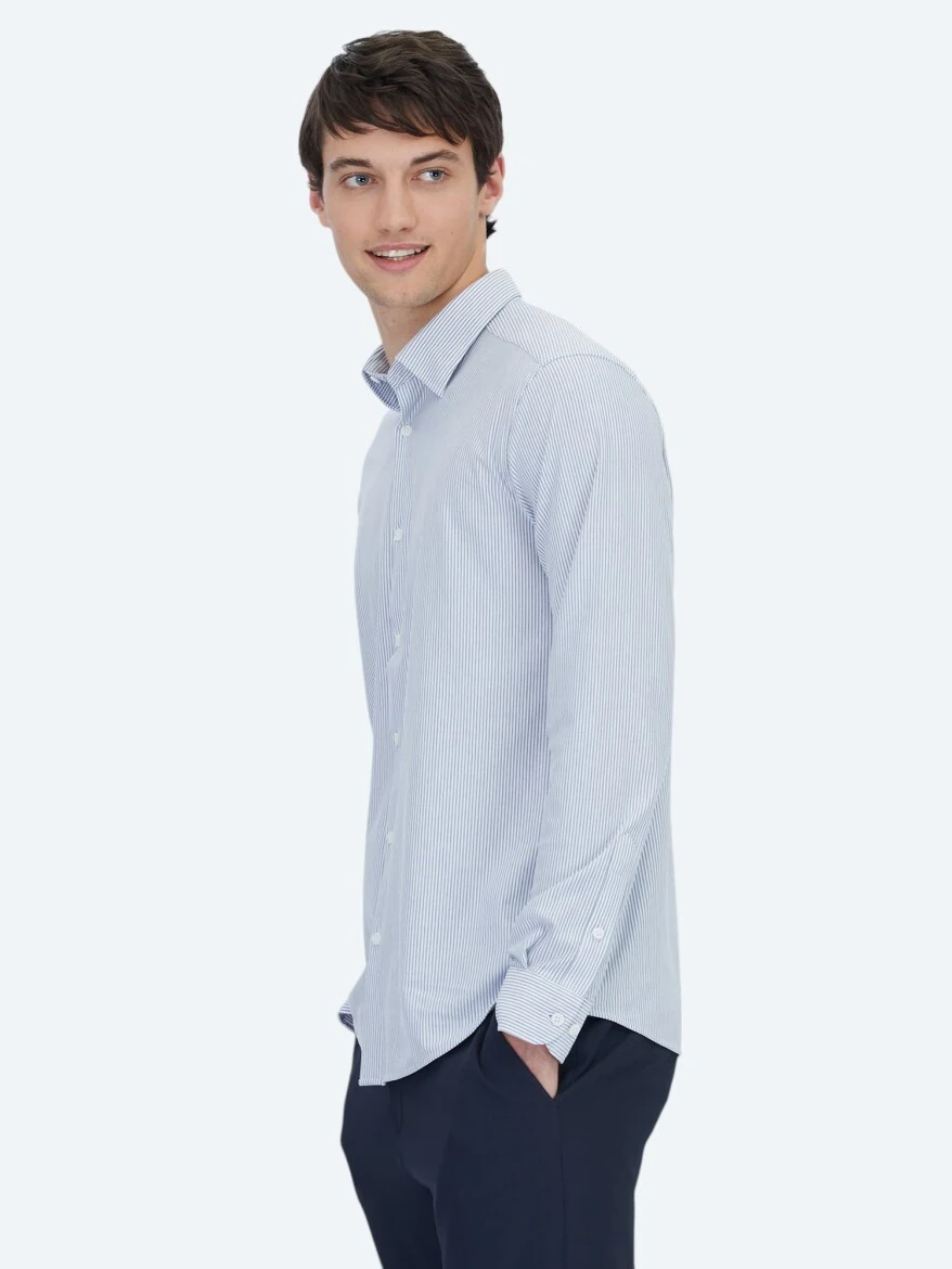 Mavi Çizgili Regular Fit Casual Pamuk Karışımlı Gömlek - 2