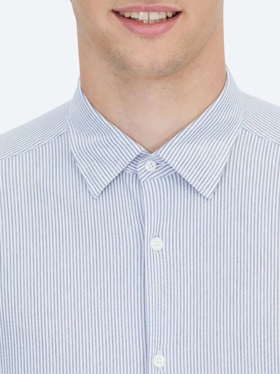 Mavi Çizgili Regular Fit Casual Pamuk Karışımlı Gömlek - 4