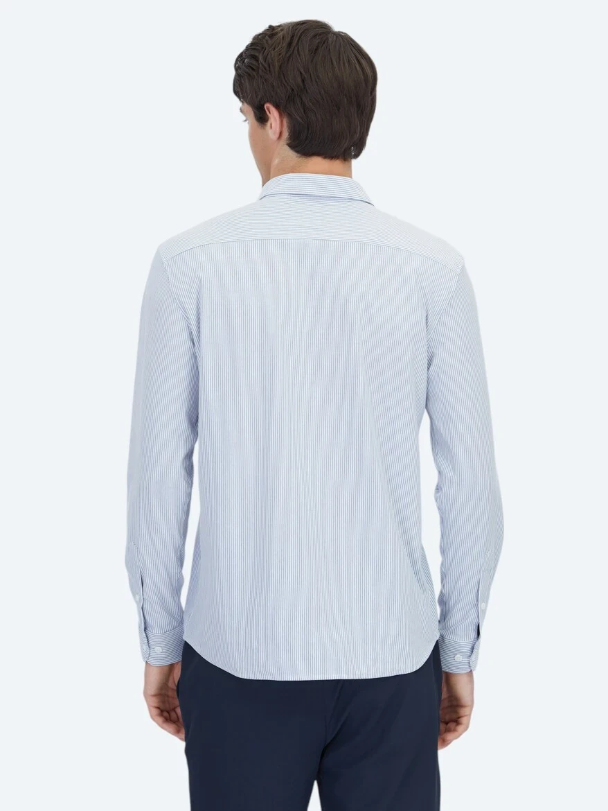 Mavi Çizgili Regular Fit Casual Pamuk Karışımlı Gömlek - 5