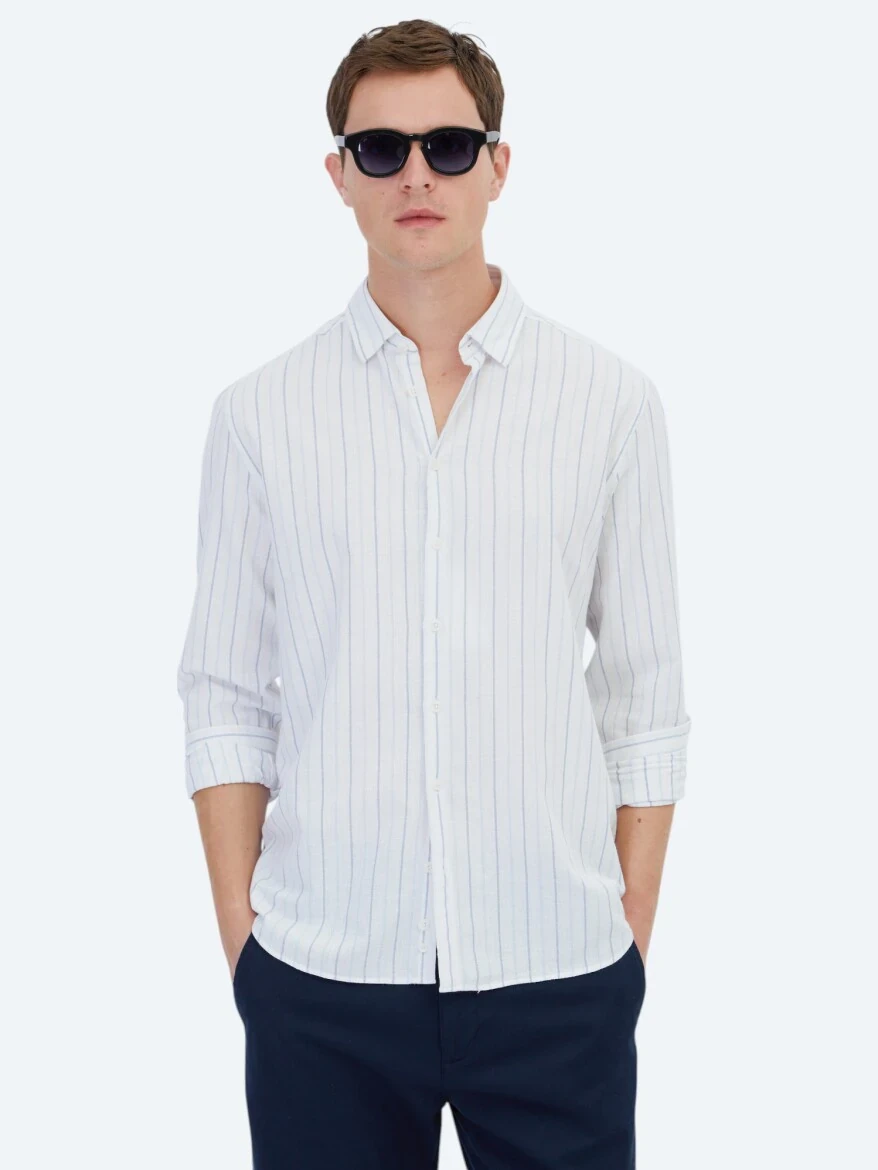Mavi Çizgili Regular Fit Dokuma Casual %100 Pamuk Gömlek - 1