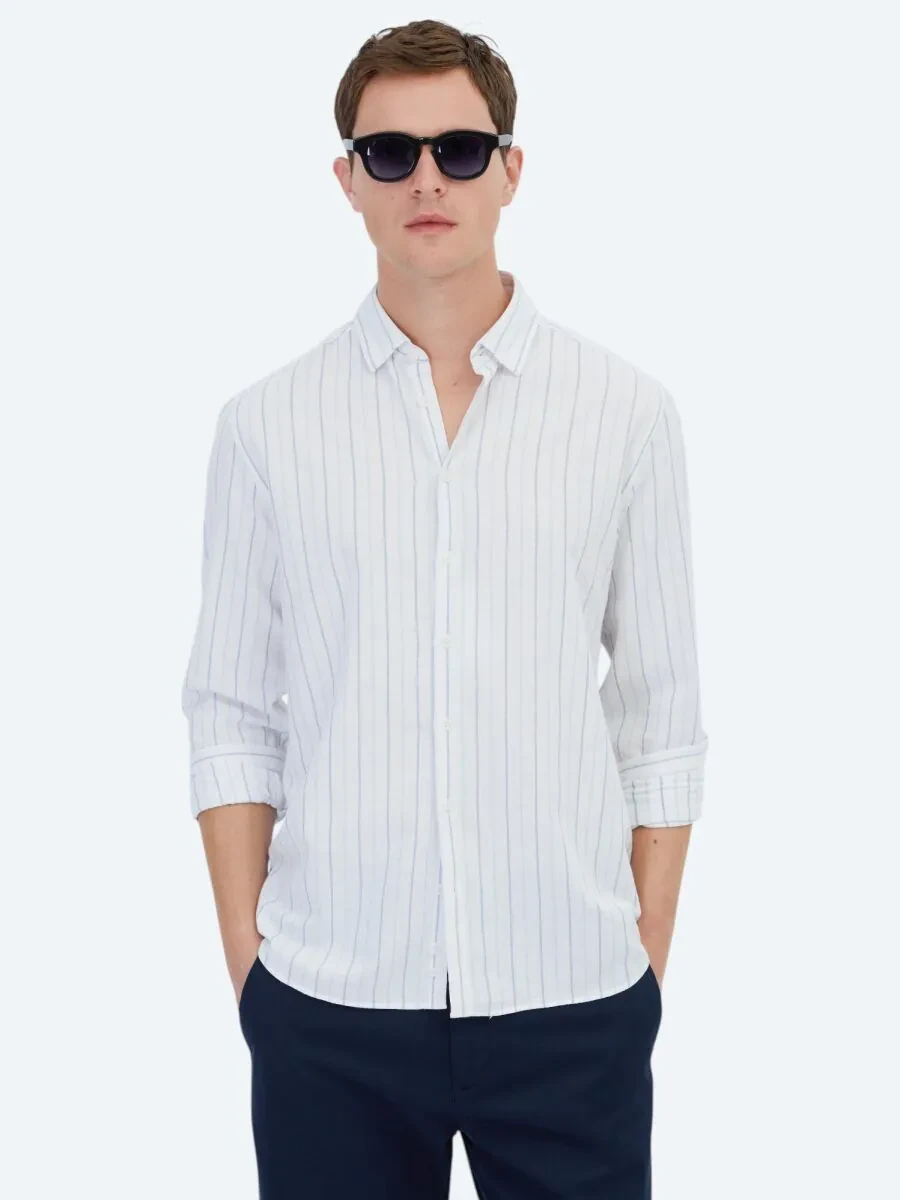 Mavi Çizgili Regular Fit Dokuma Casual %100 Pamuk Gömlek - 1
