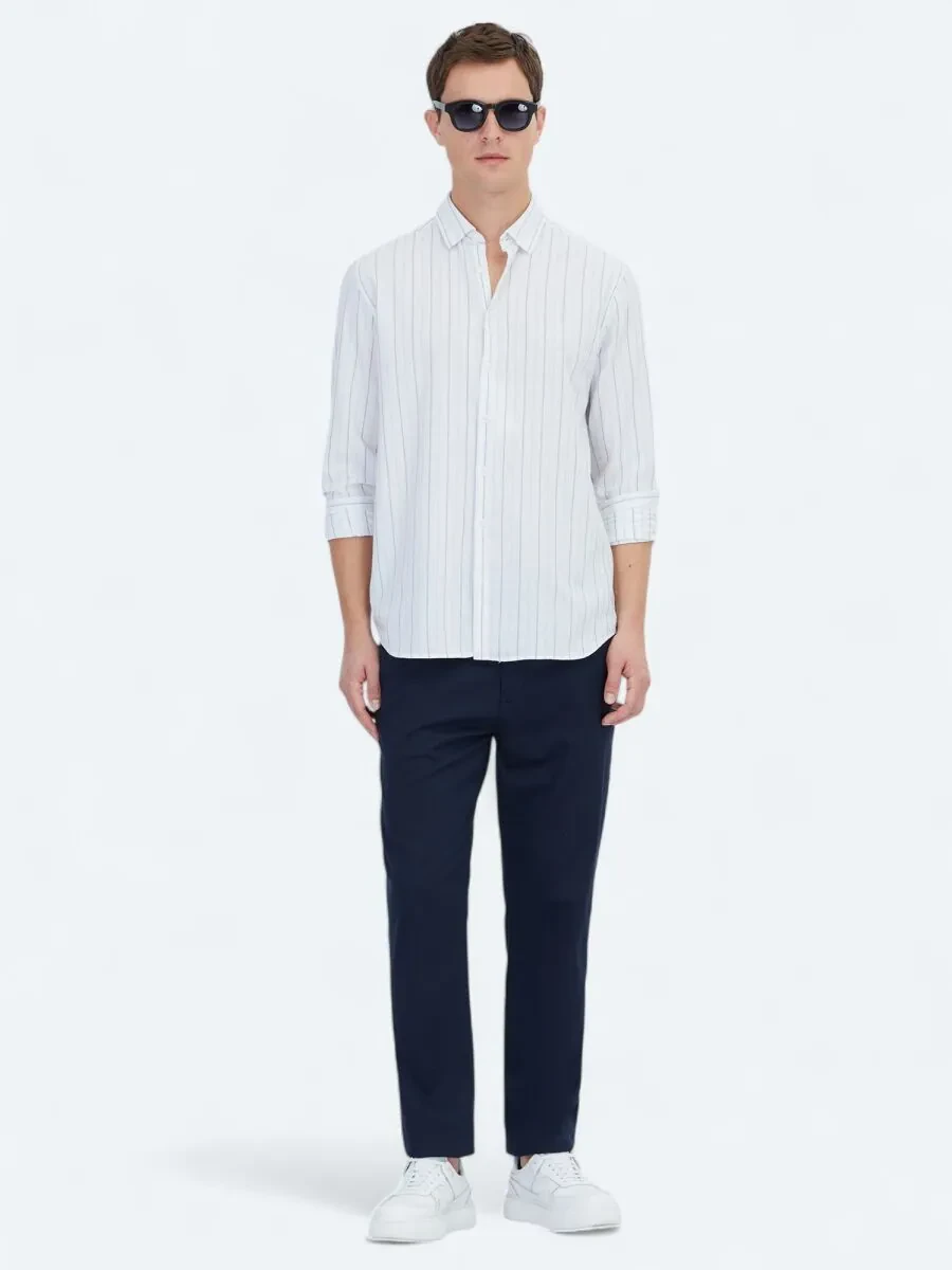 Mavi Çizgili Regular Fit Dokuma Casual %100 Pamuk Gömlek - 2