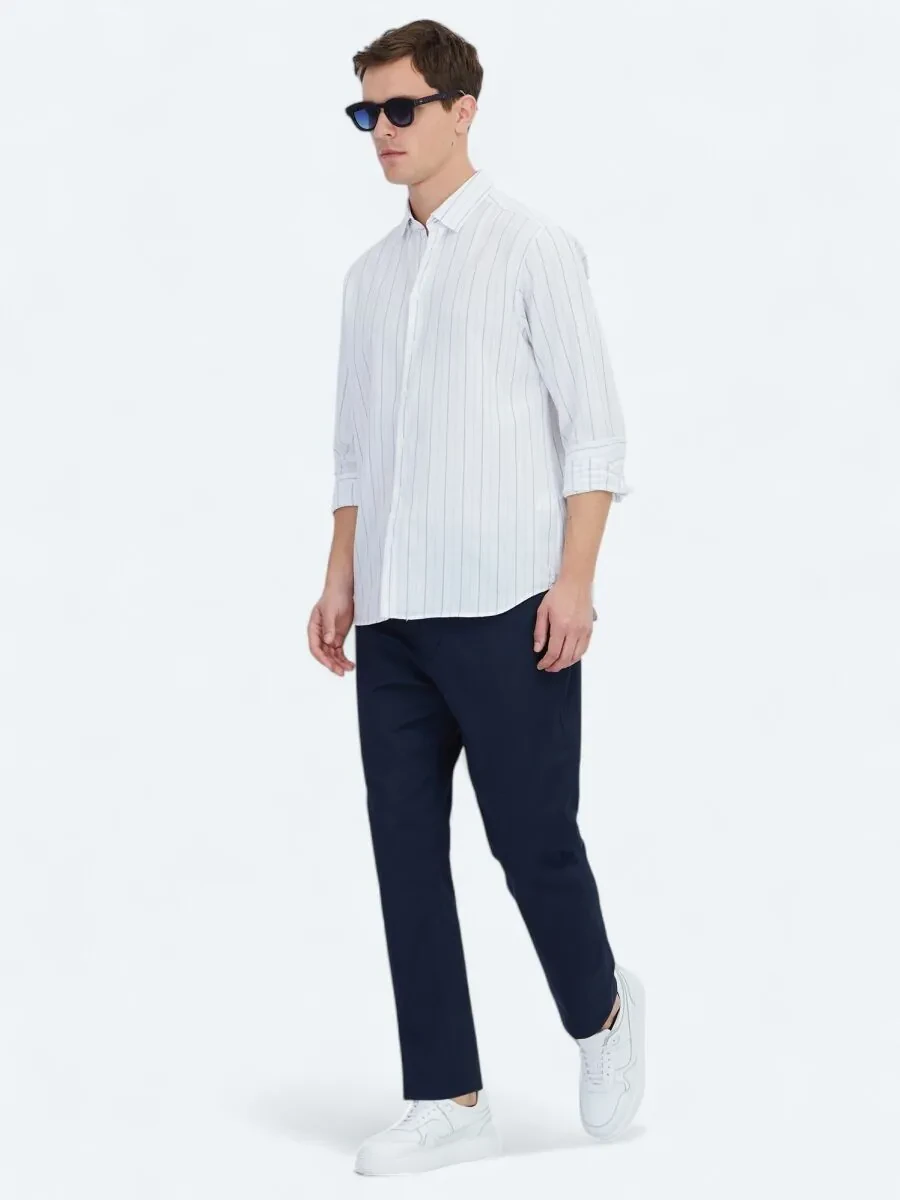 Mavi Çizgili Regular Fit Dokuma Casual %100 Pamuk Gömlek - 3