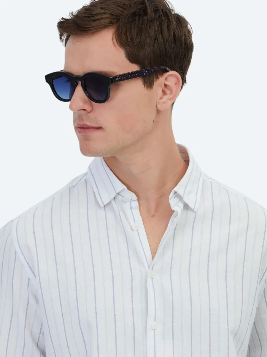 Mavi Çizgili Regular Fit Dokuma Casual %100 Pamuk Gömlek - 4