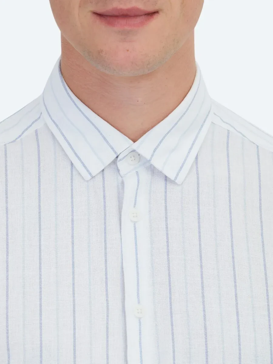 Mavi Çizgili Regular Fit Dokuma Casual %100 Pamuk Gömlek - 6