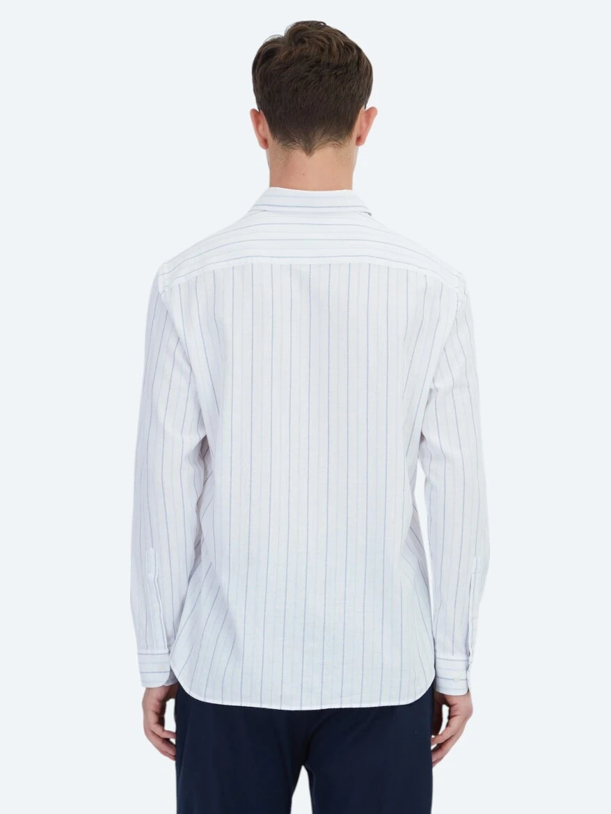 Mavi Çizgili Regular Fit Dokuma Casual %100 Pamuk Gömlek - 7