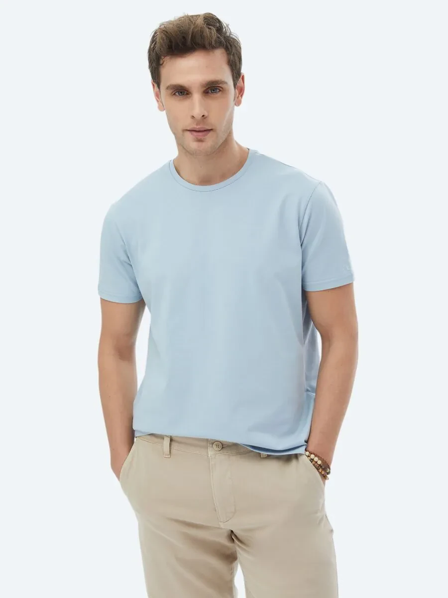 Mavi Düz Bisiklet Yaka Pamuk Karışımlı T-Shirt - 1