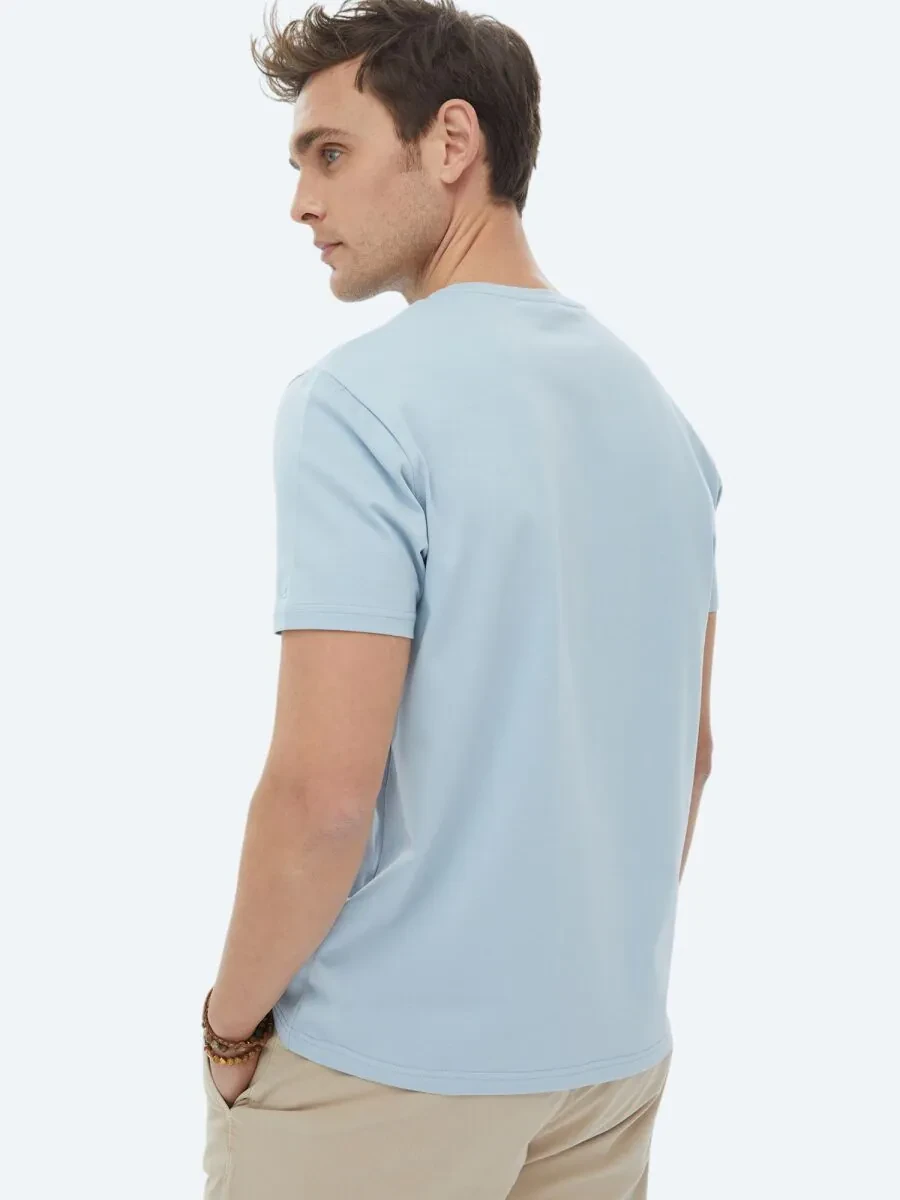 Mavi Düz Bisiklet Yaka Pamuk Karışımlı T-Shirt - 6