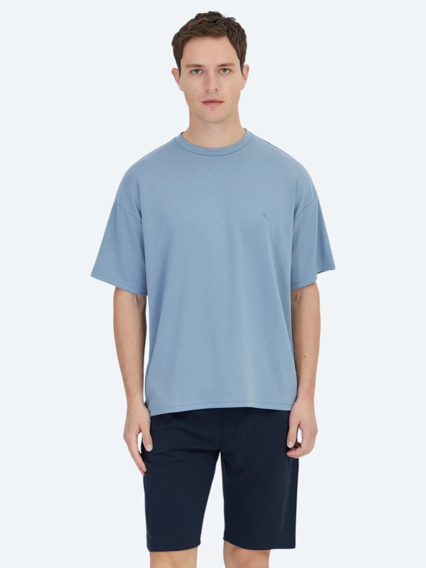 Mavi Düz Bisiklet Yaka T-Shirt - 1