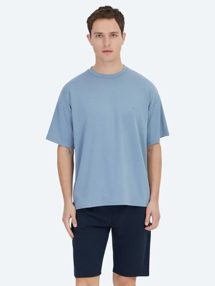 Mavi Düz Bisiklet Yaka T-Shirt - 1