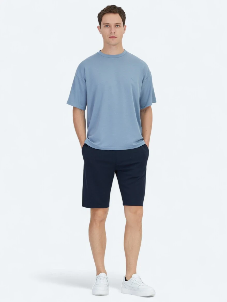 Mavi Düz Bisiklet Yaka T-Shirt - 2