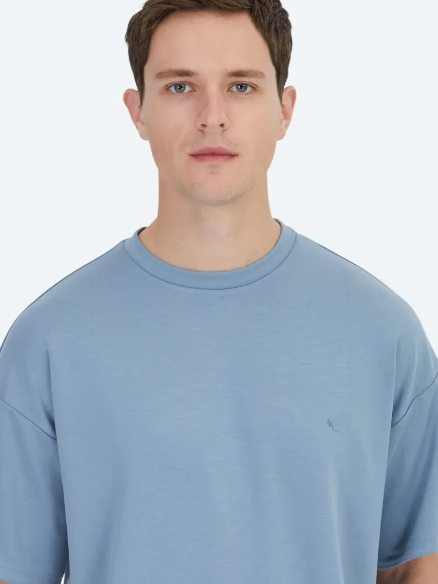 Mavi Düz Bisiklet Yaka T-Shirt - 3