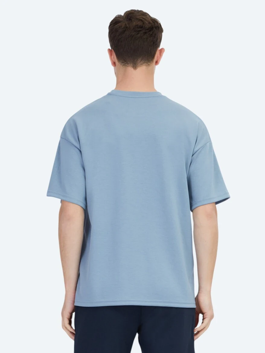 Mavi Düz Bisiklet Yaka T-Shirt - 4