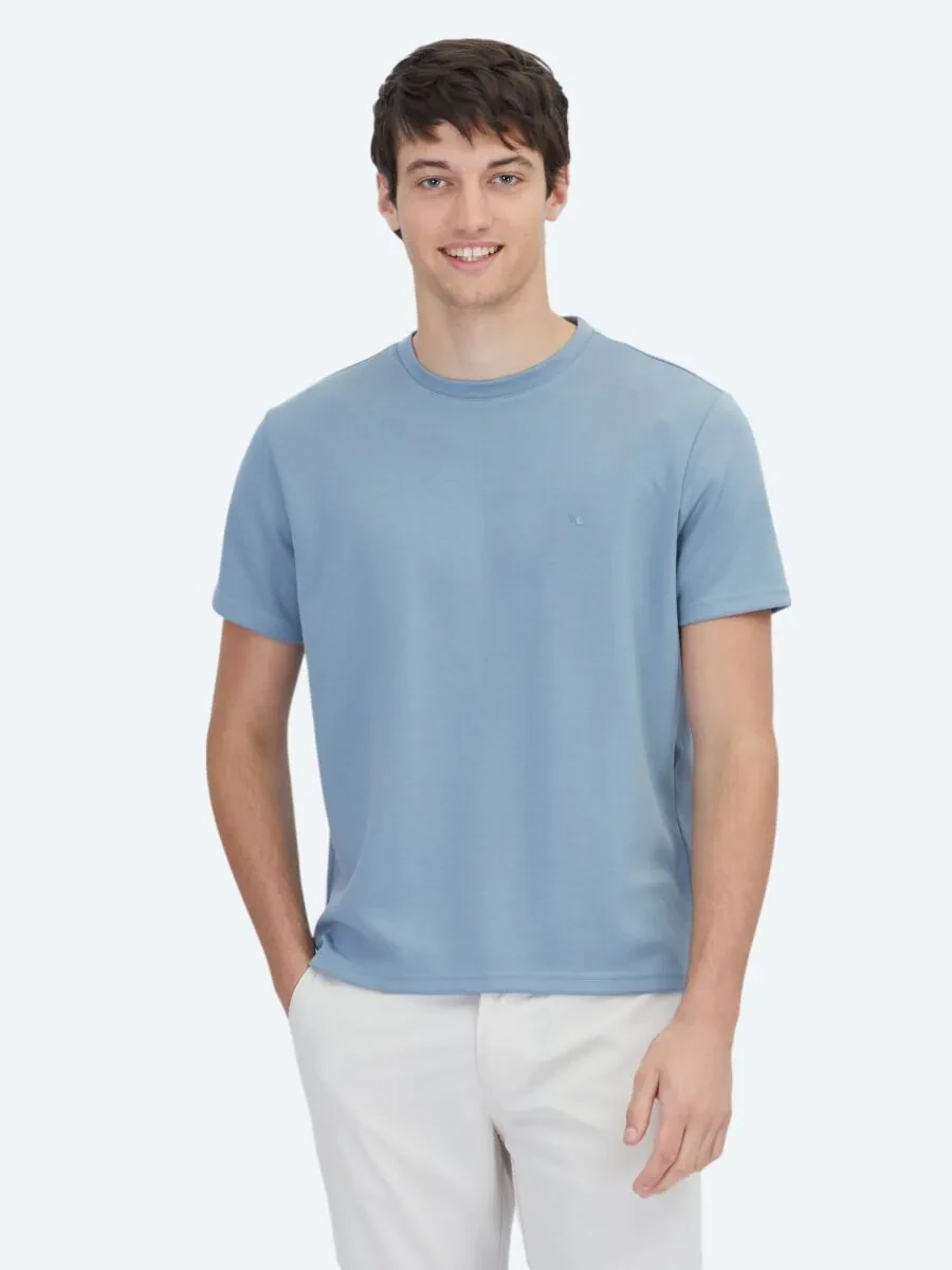 Mavi Düz Bisiklet Yaka T-Shirt - 1