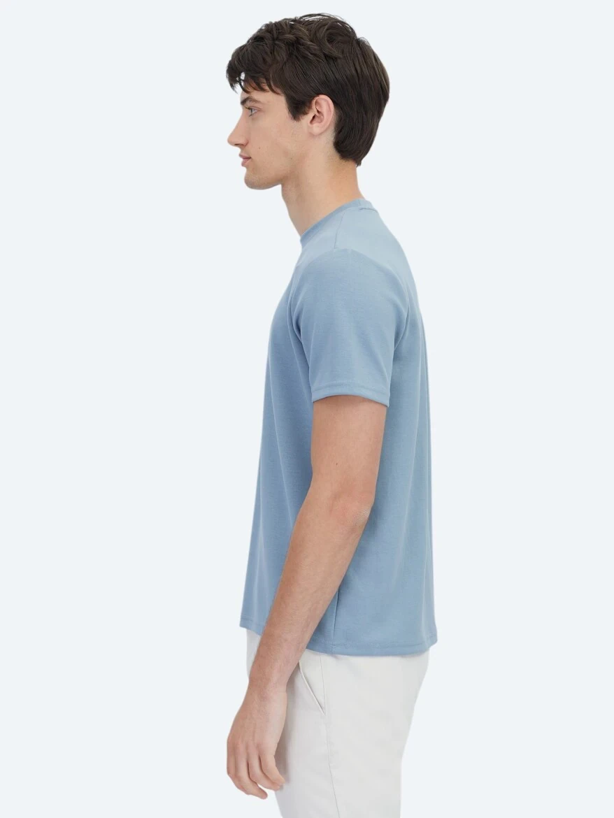 Mavi Düz Bisiklet Yaka T-Shirt - 4