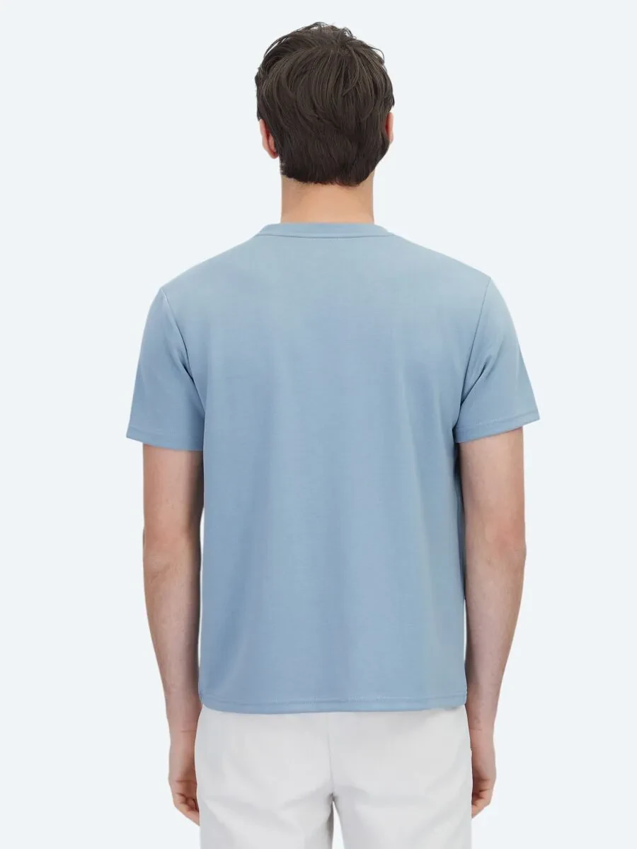 Mavi Düz Bisiklet Yaka T-Shirt - 5