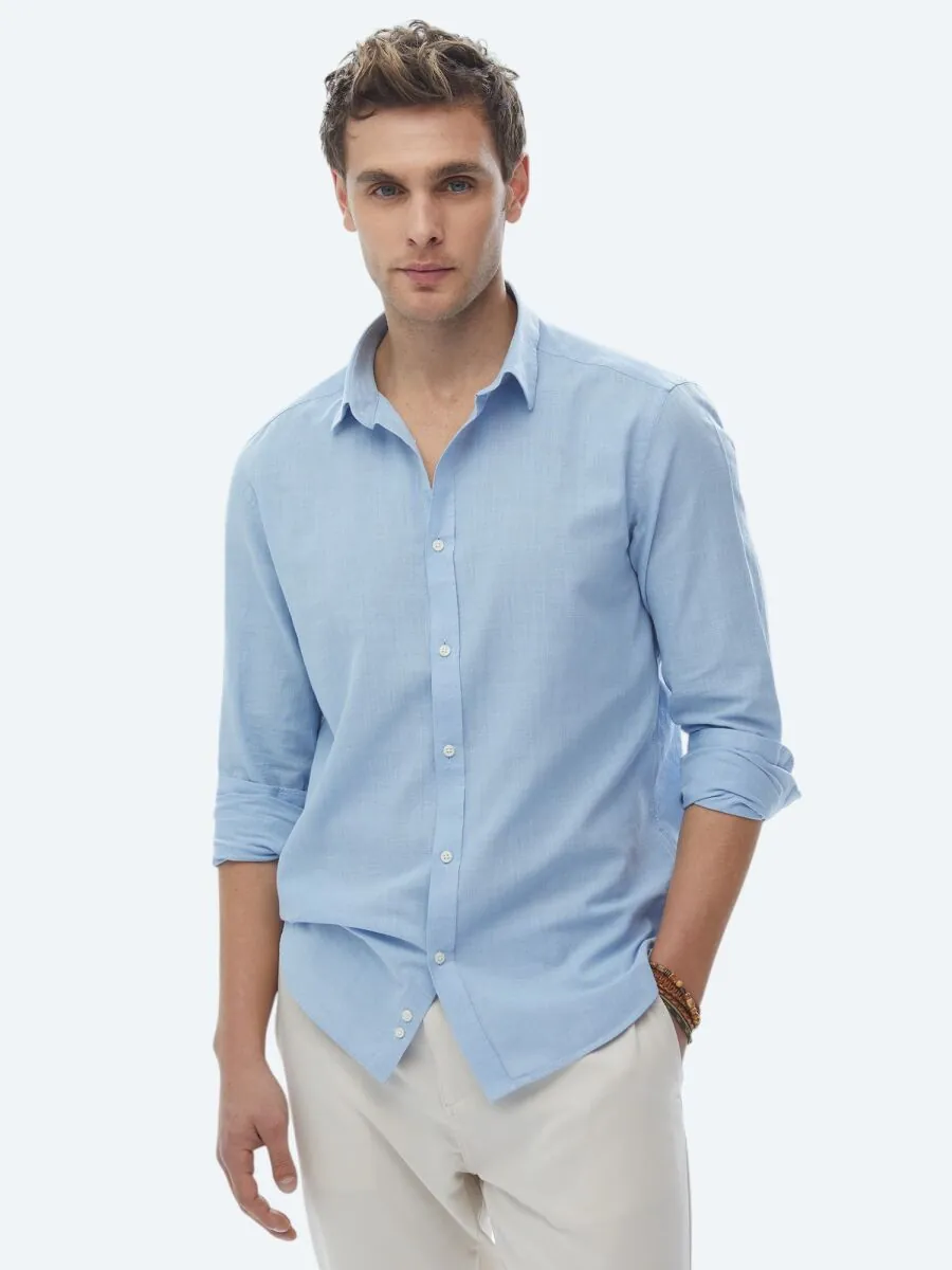 Mavi Düz Regular Fit Dokuma Casual %100 Pamuk Gömlek - 1