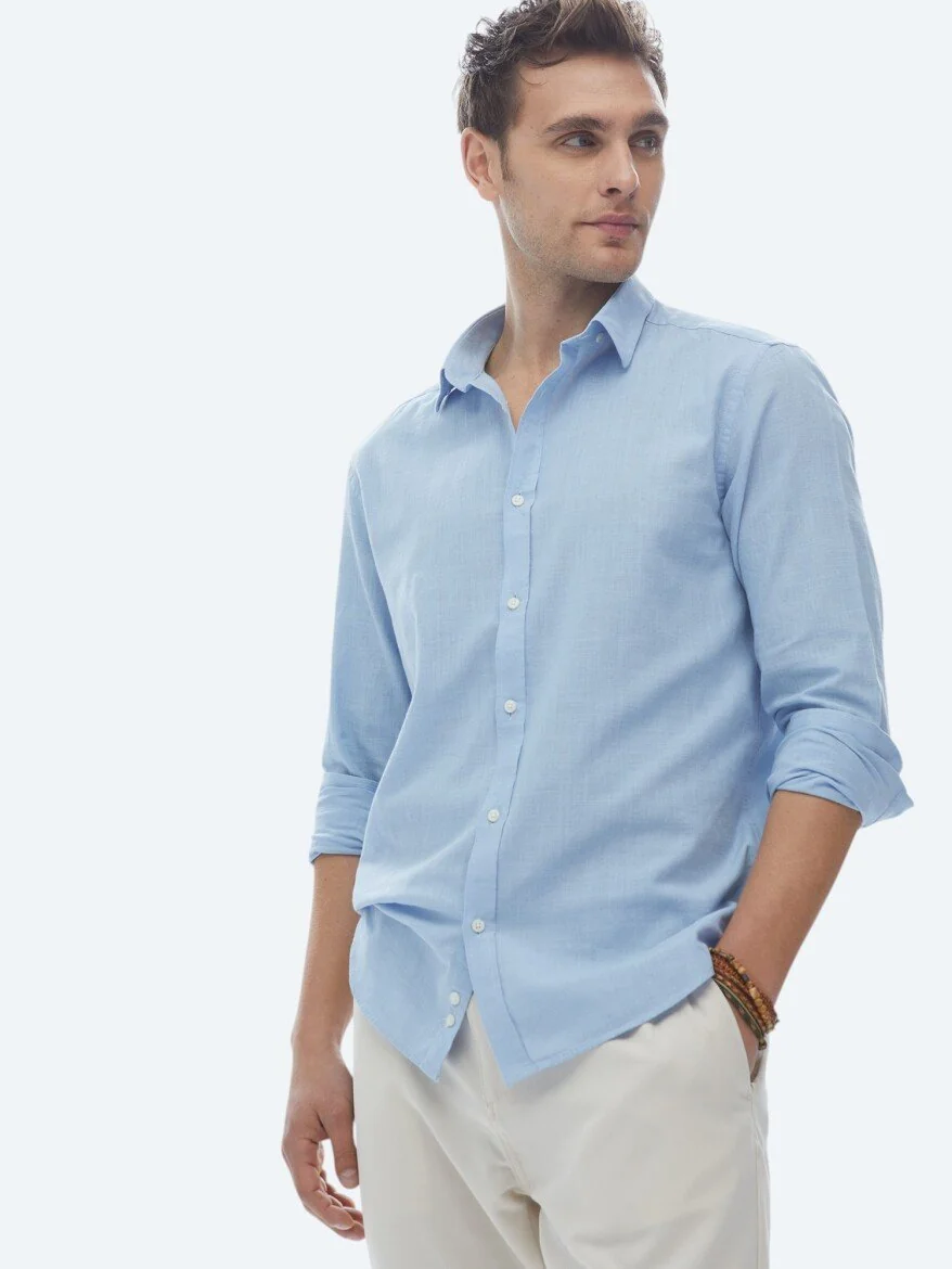 Mavi Düz Regular Fit Dokuma Casual %100 Pamuk Gömlek - 3