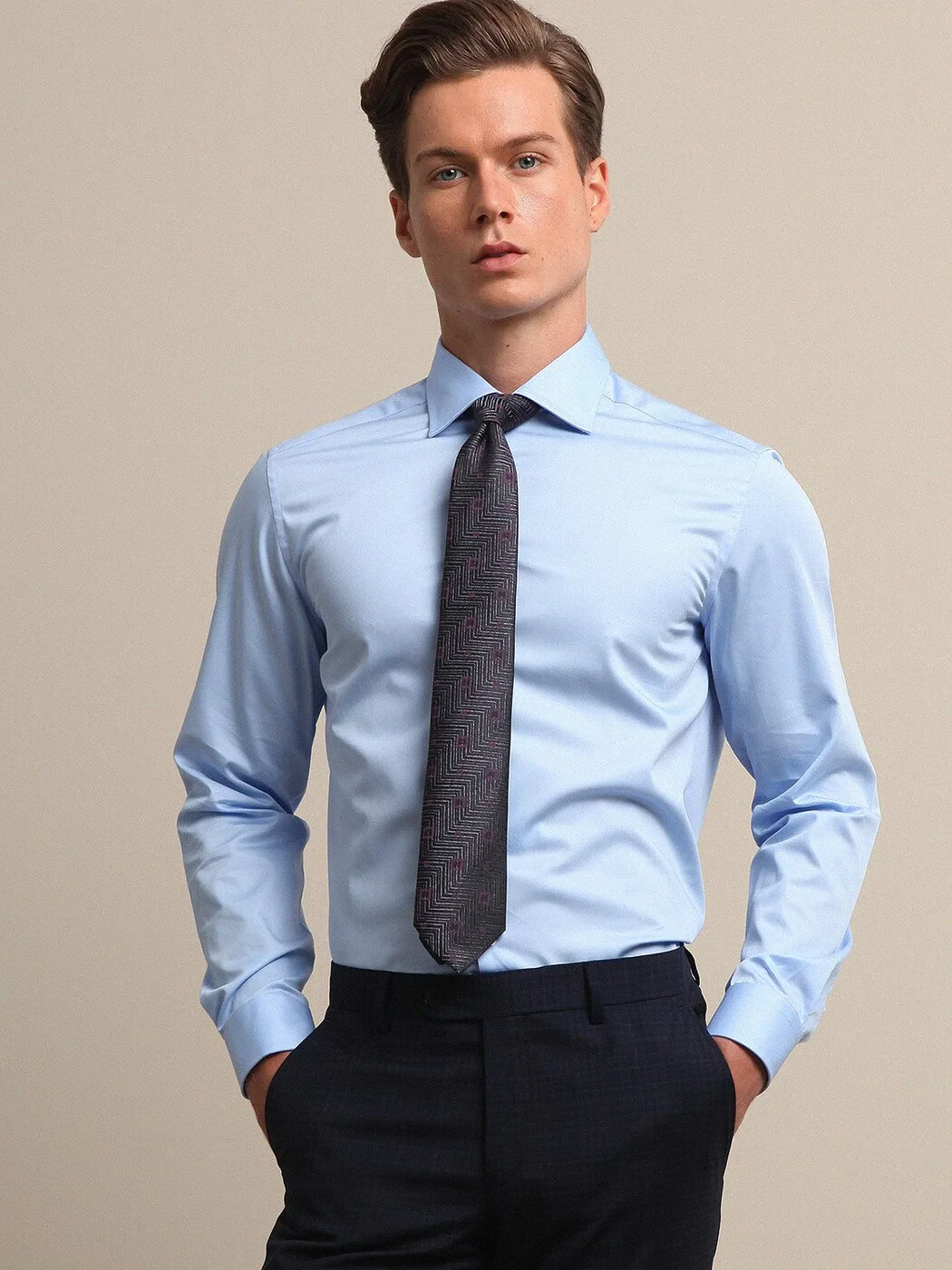 Mavi Düz Slim Fit Dokuma Klasik %100 Pamuk Gömlek - 2