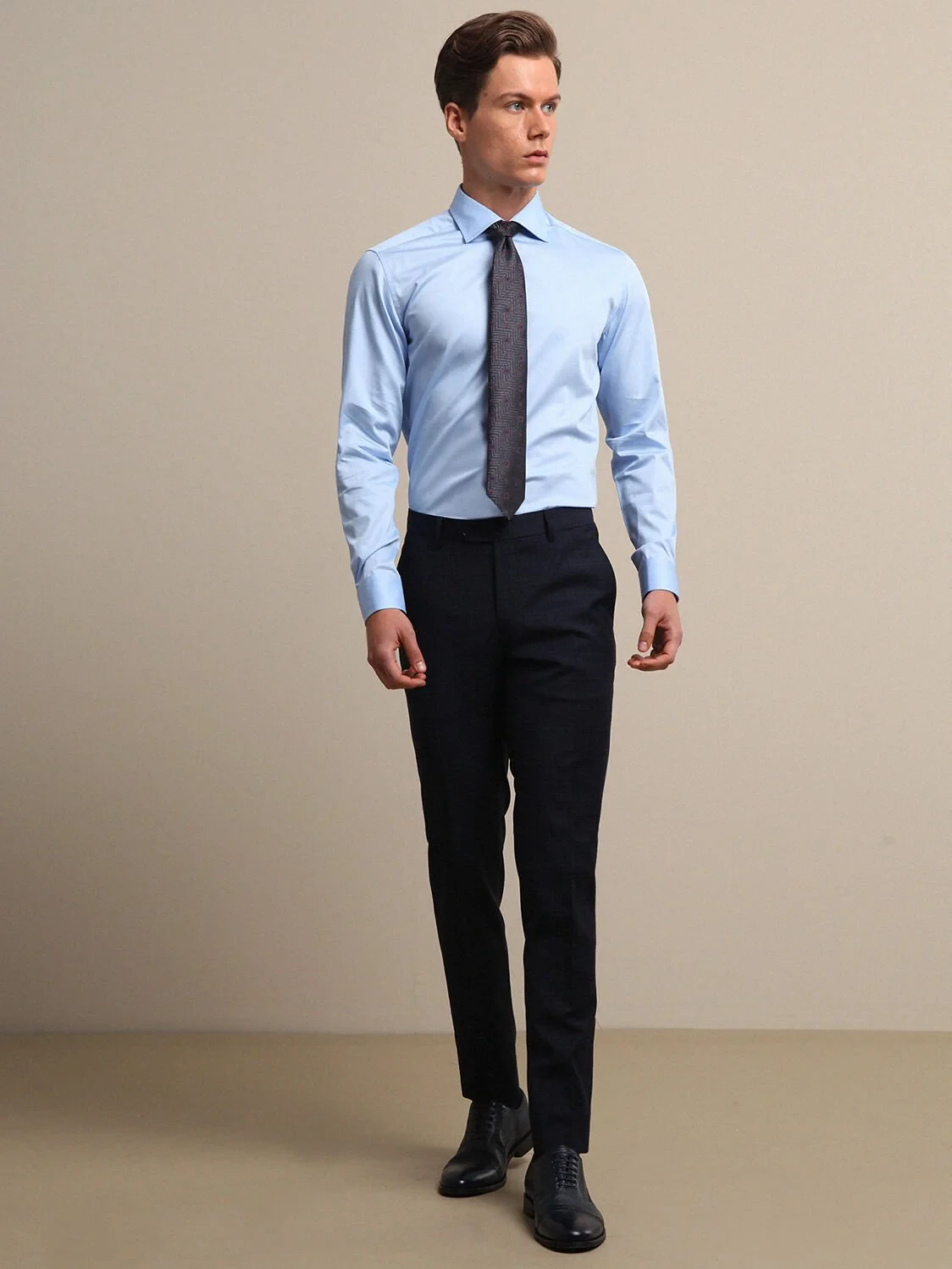 Mavi Düz Slim Fit Dokuma Klasik %100 Pamuk Gömlek - 3