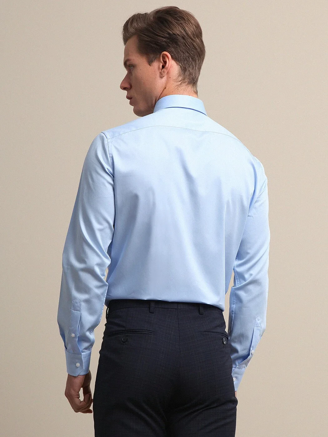 Mavi Düz Slim Fit Dokuma Klasik %100 Pamuk Gömlek - 4