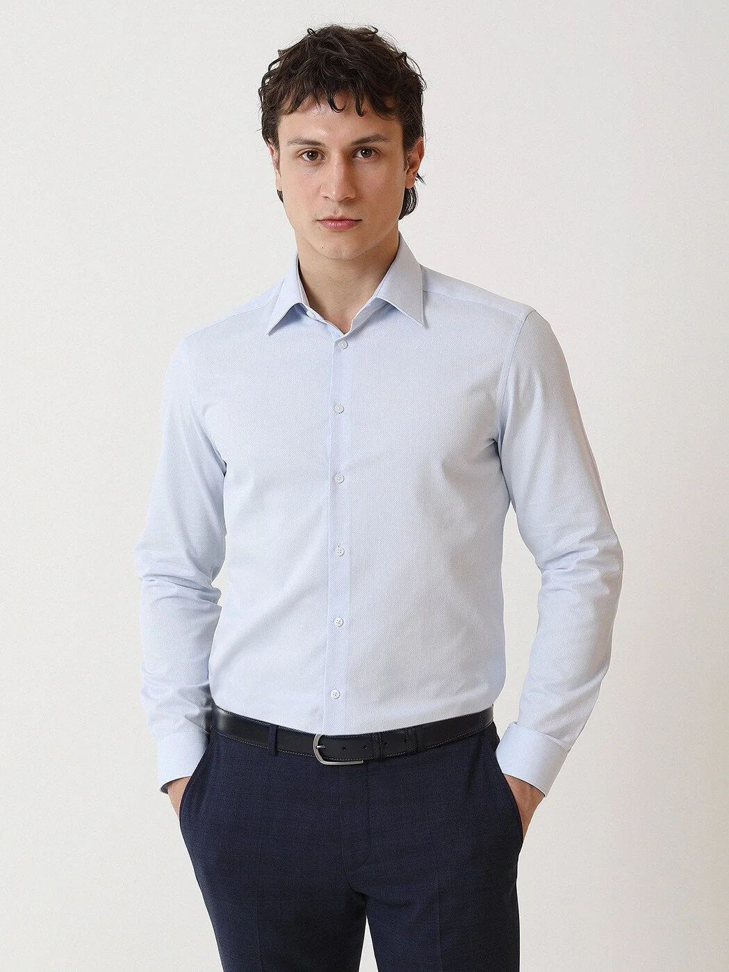 Mavi Düz Slim Fit Dokuma Klasik %100 Pamuk Gömlek - 1