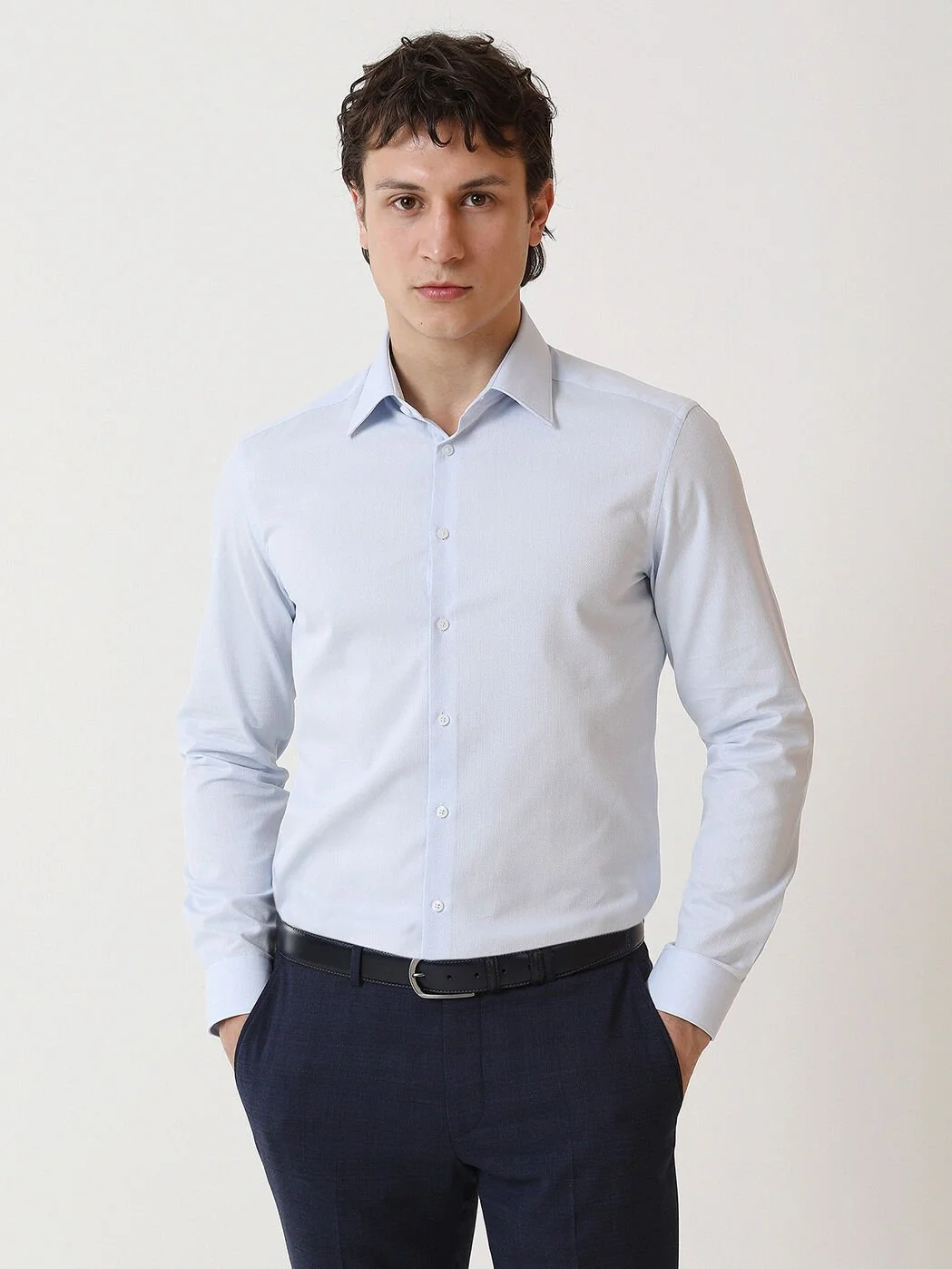 Mavi Düz Slim Fit Dokuma Klasik %100 Pamuk Gömlek - 1