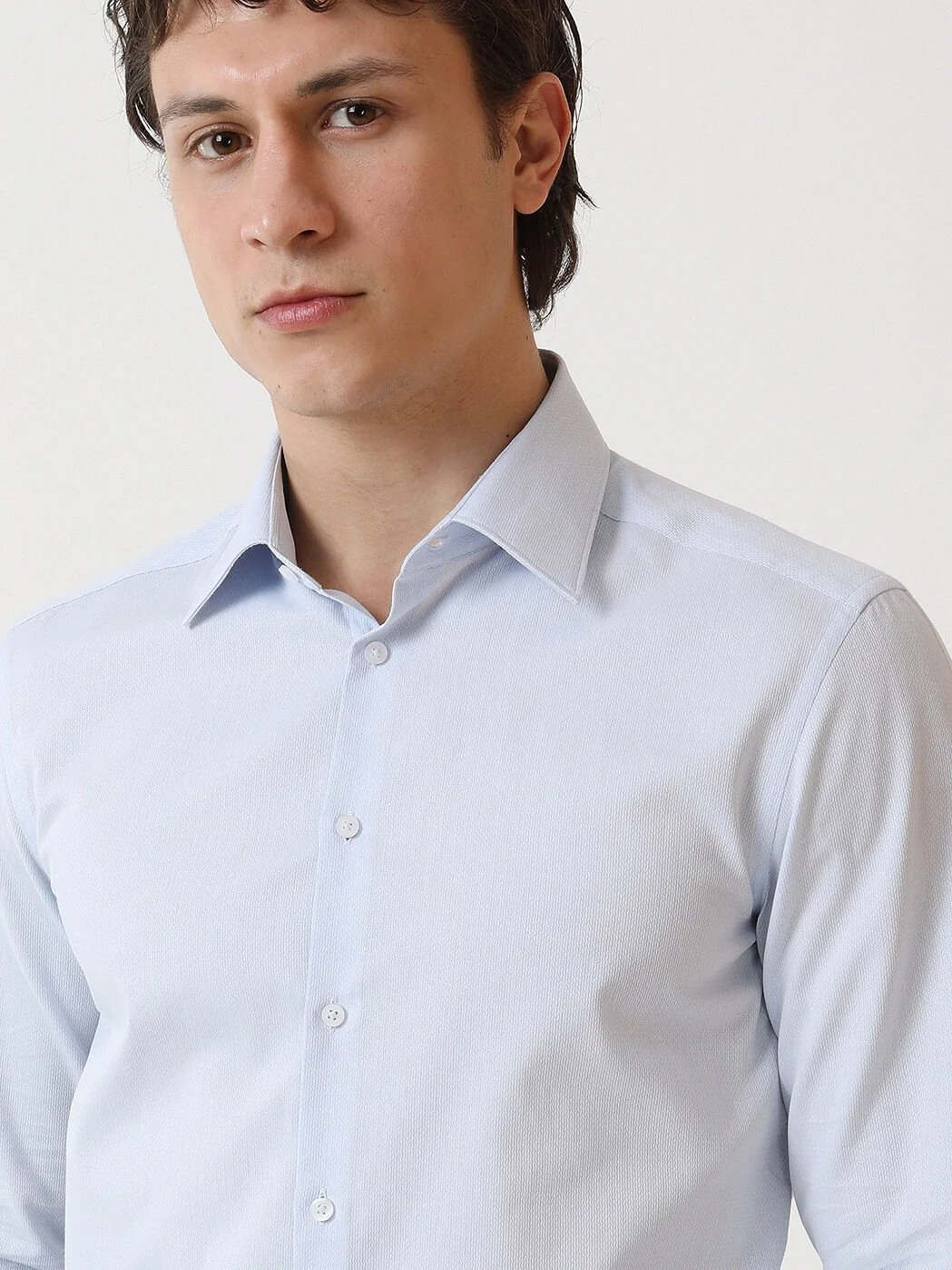 Mavi Düz Slim Fit Dokuma Klasik %100 Pamuk Gömlek - 3