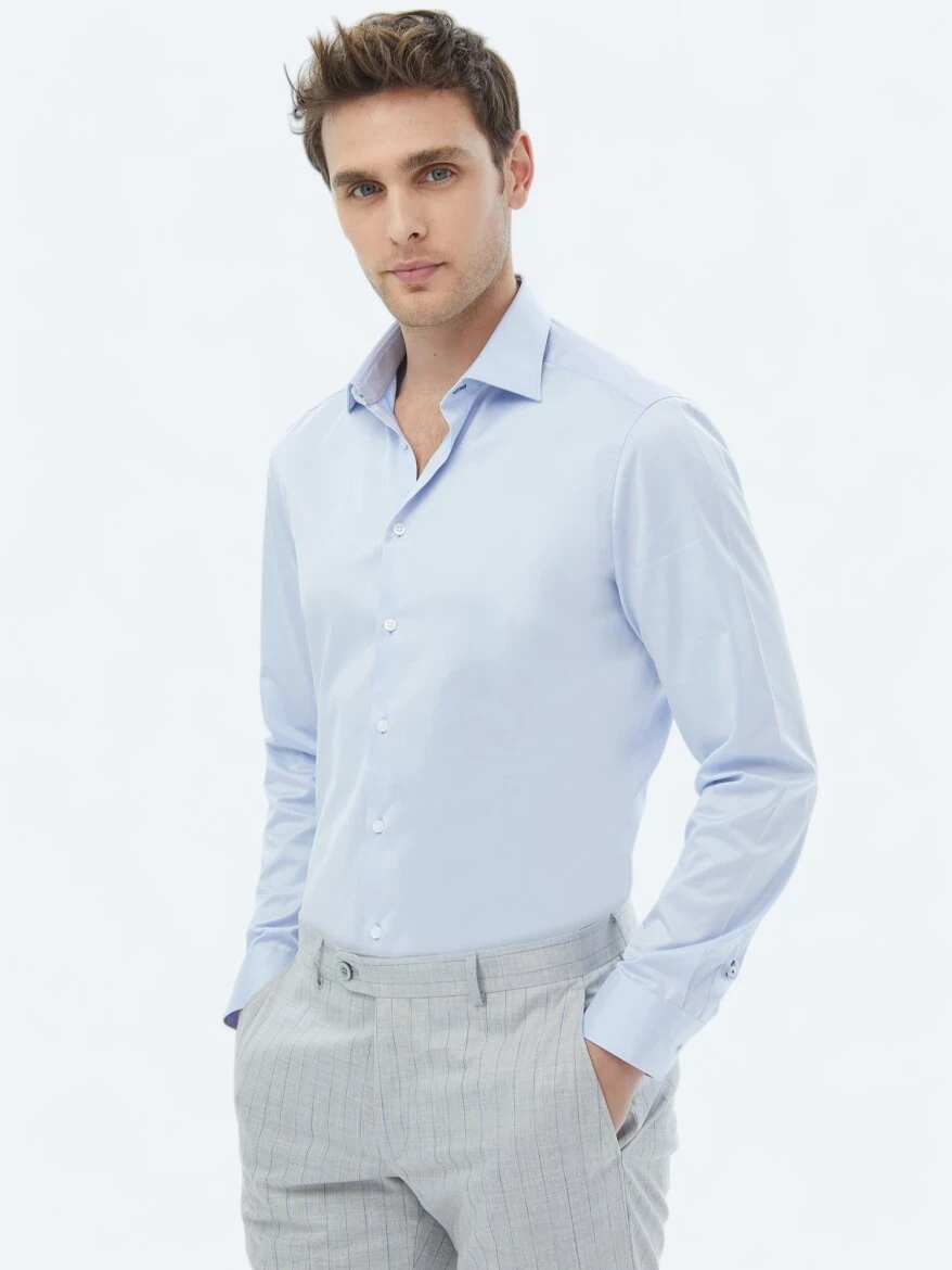 Mavi Düz Slim Fit Dokuma Klasik %100 Pamuk Gömlek 