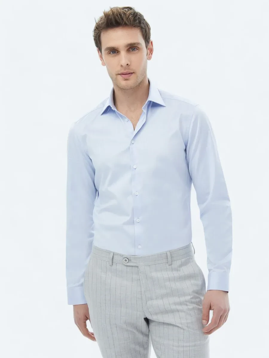 Mavi Düz Slim Fit Dokuma Klasik %100 Pamuk Gömlek - 2