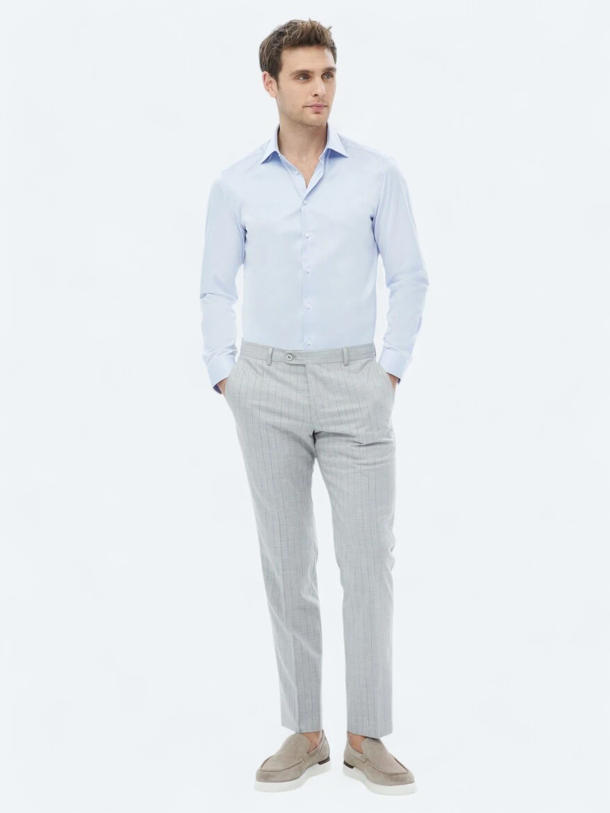 Mavi Düz Slim Fit Dokuma Klasik %100 Pamuk Gömlek - 5