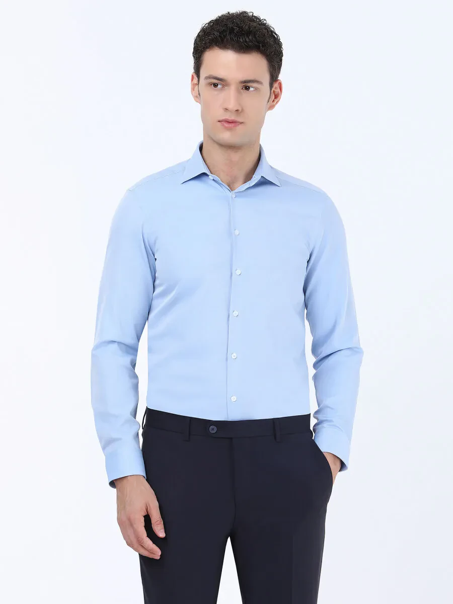 Mavi Düz Slim Fit Dokuma Klasik Pamuk Karışımlı Gömlek - 1