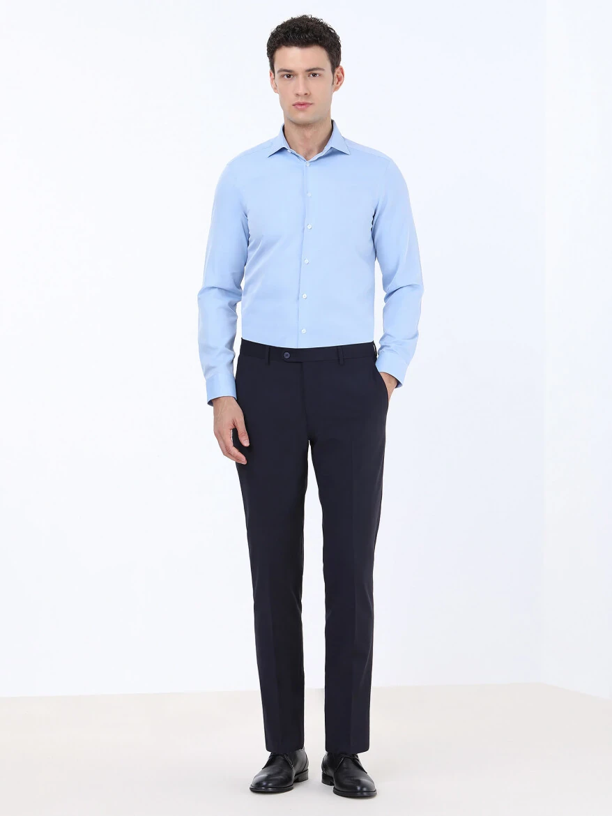Mavi Düz Slim Fit Dokuma Klasik Pamuk Karışımlı Gömlek - 2
