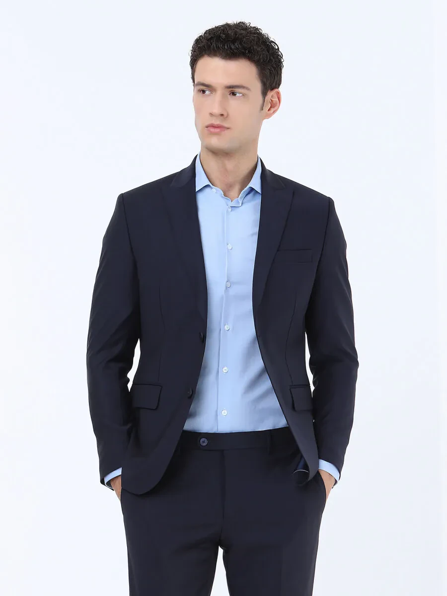 Mavi Düz Slim Fit Dokuma Klasik Pamuk Karışımlı Gömlek - 3