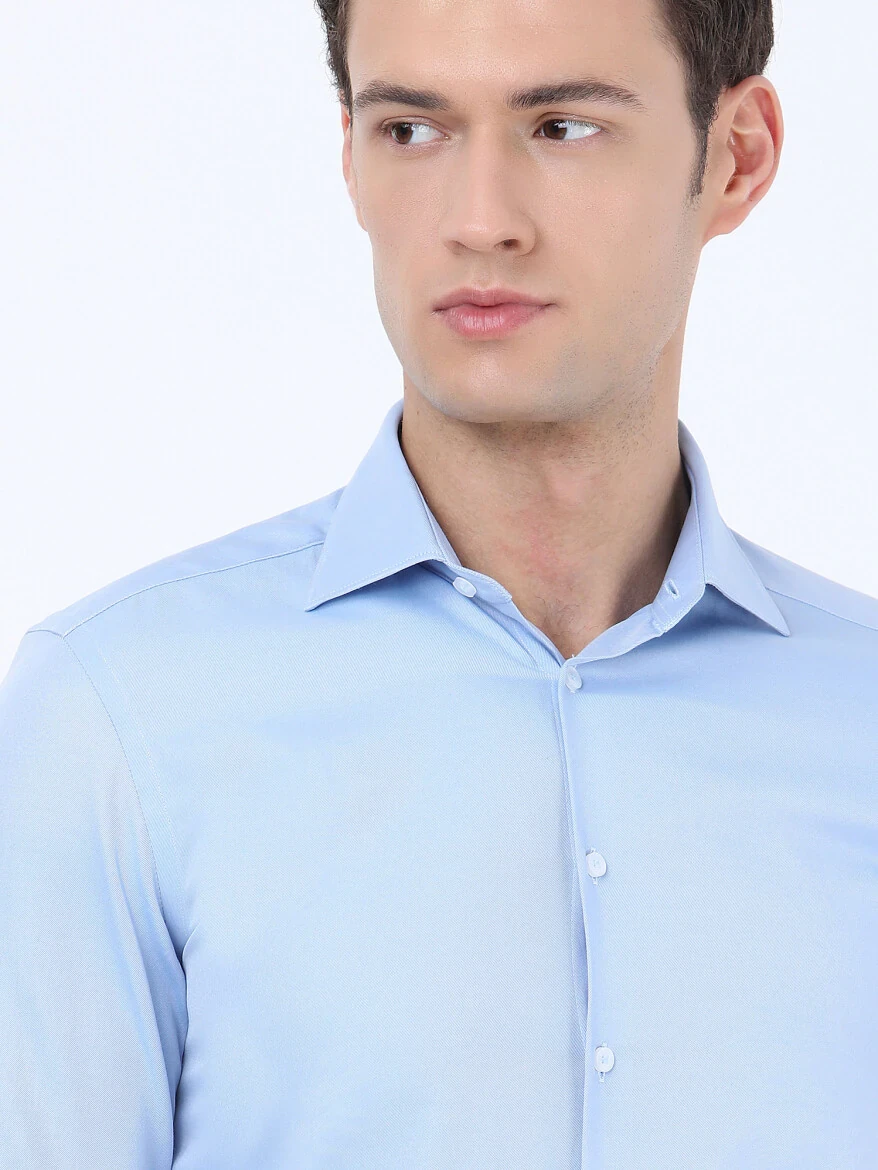 Mavi Düz Slim Fit Dokuma Klasik Pamuk Karışımlı Gömlek 