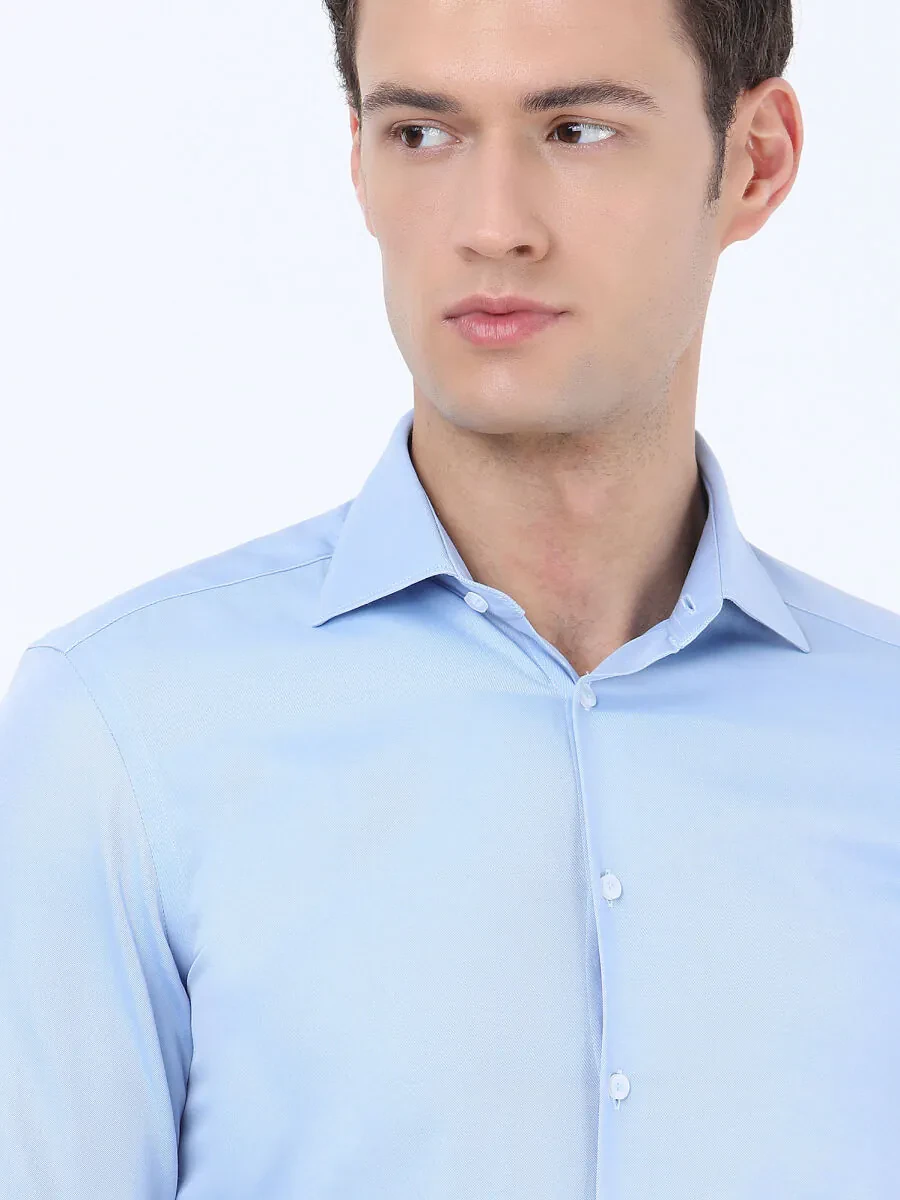 Mavi Düz Slim Fit Dokuma Klasik Pamuk Karışımlı Gömlek - 4