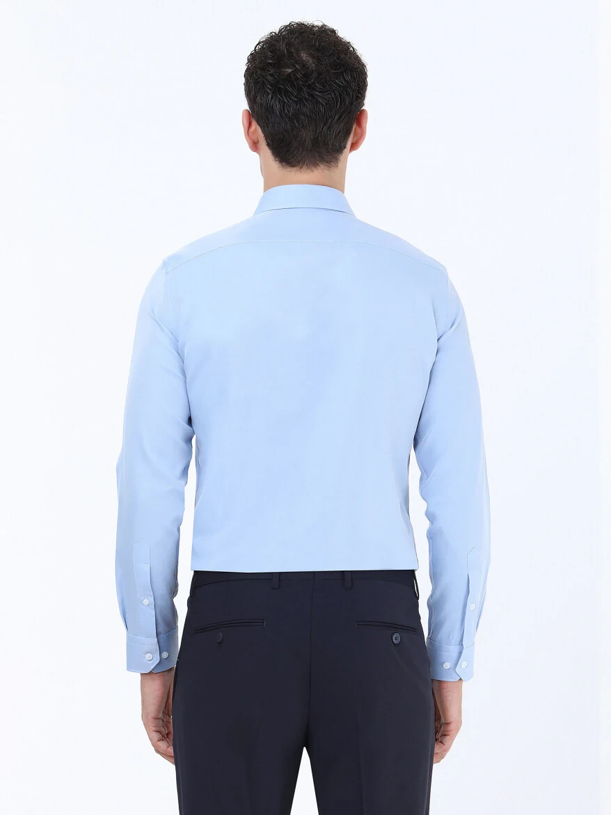 Mavi Düz Slim Fit Dokuma Klasik Pamuk Karışımlı Gömlek - 5