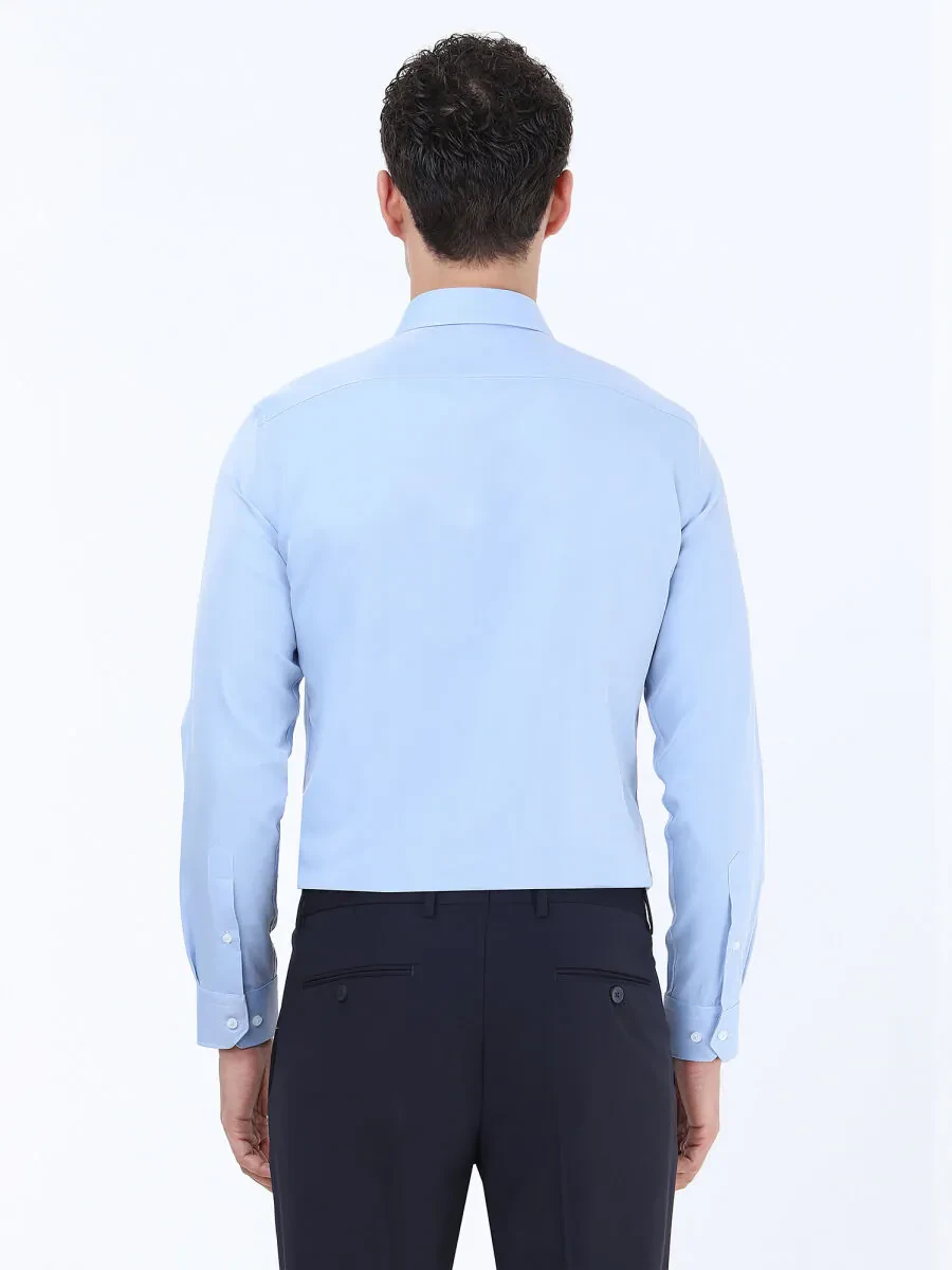 Mavi Düz Slim Fit Dokuma Klasik Pamuk Karışımlı Gömlek - 5