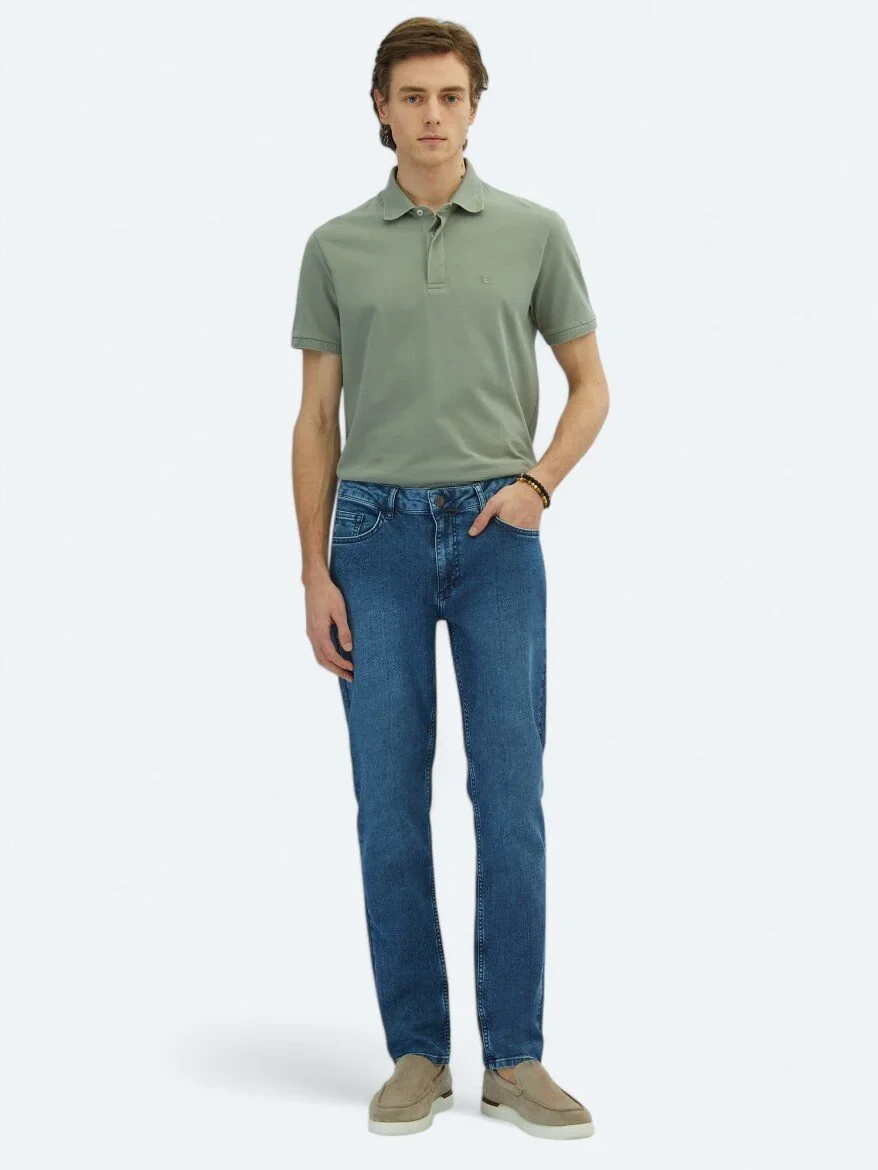 Medium Blue Slim Fit Recycled Denim Cotton Blended Trousers - 1