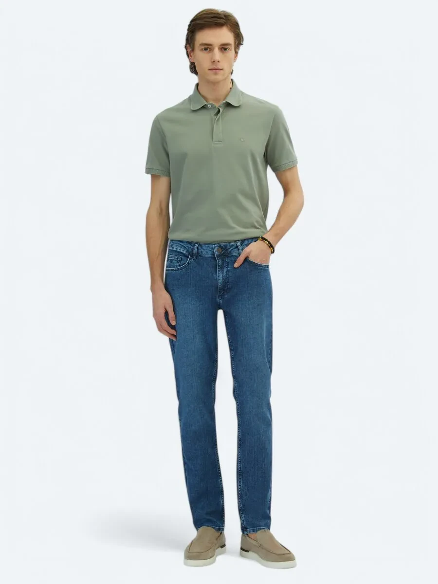Medium Blue Slim Fit Recycled Denim Cotton Blended Trousers - 1