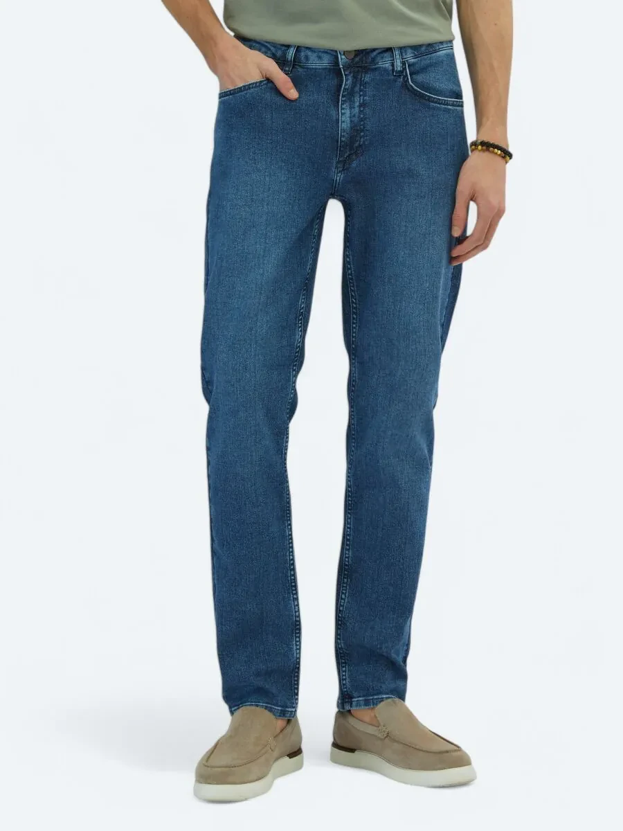 Medium Blue Slim Fit Recycled Denim Cotton Blended Trousers - 2