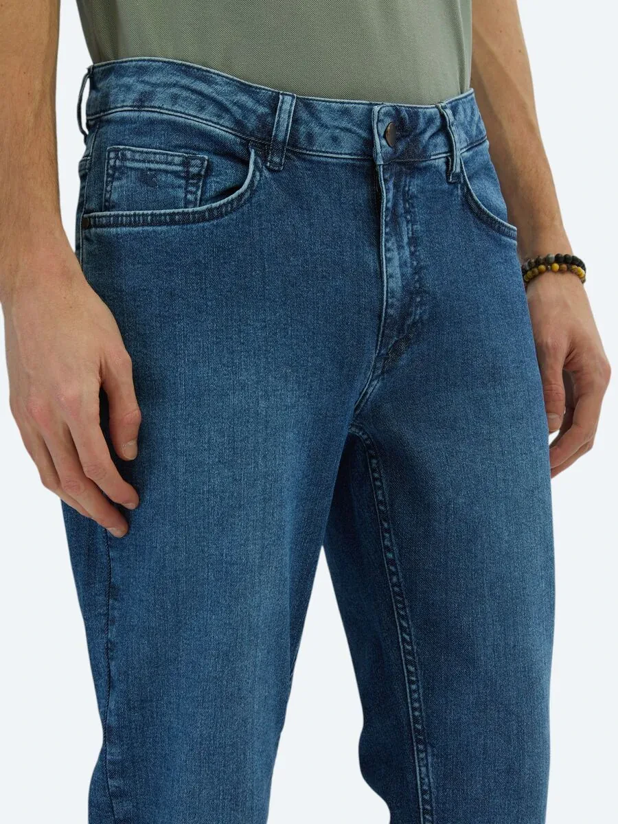Medium Blue Slim Fit Recycled Denim Cotton Blended Trousers - 3